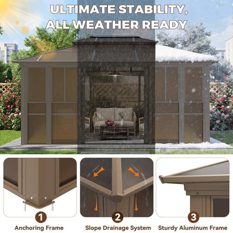 EROMMY Sunroom Gazebo with Double Roof, Adjustable Windows & Lockable Sliding Doors for Patio, Garden, and Backyard