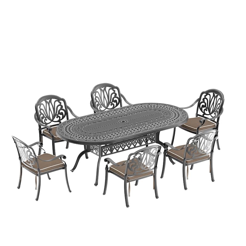 7/9-Piece Cast Aluminum Outdoor Dining Set with 82.87'' L X 42.13'' W Oval Table and Random Color Seat Cushions