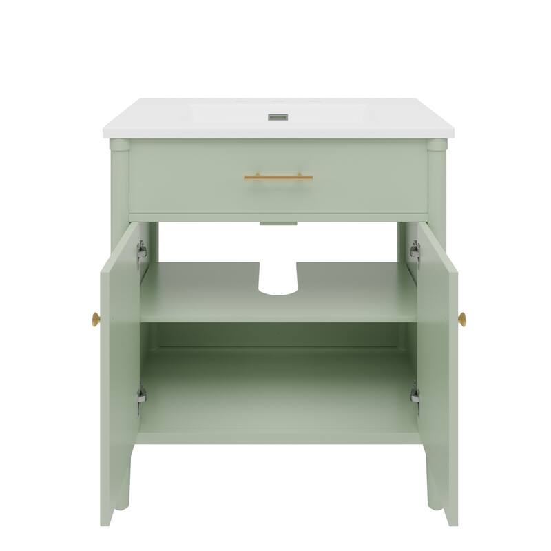 31 Inch Bathroom Vanity with Sink Soft Close Doors Adjustable Shelf Rubber Wood Legs, Curved Profile Design