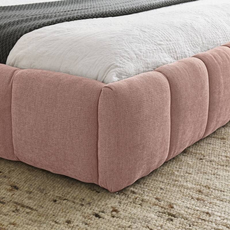 Chenille Fabric Grounded Queen Size Platform Bed with Headboard and Solid Frame
