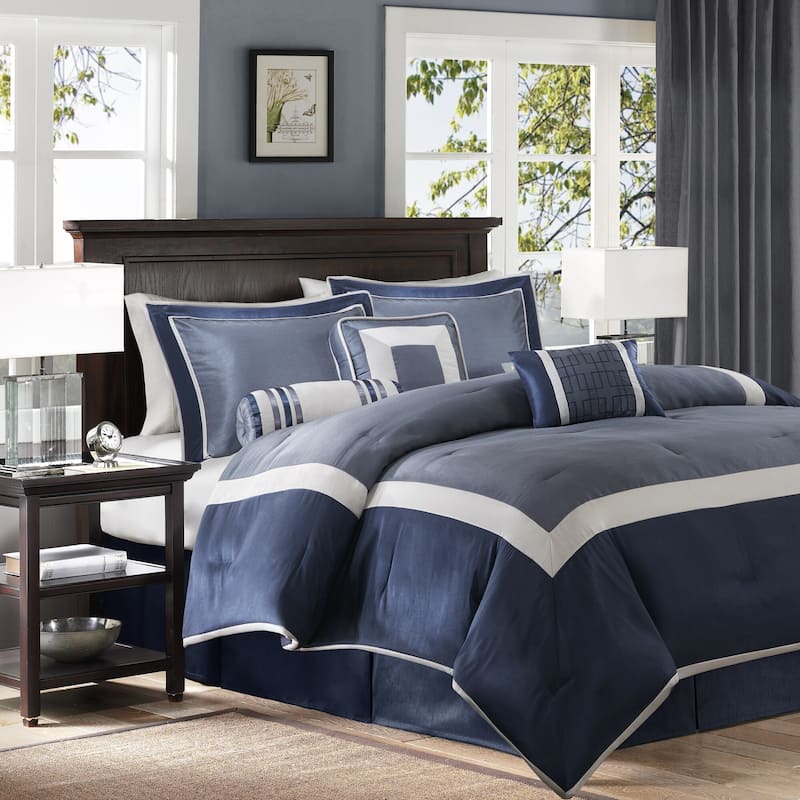 Madison Park Abigail Navy Solid Pieced 7 Piece Comforter Set - Queen