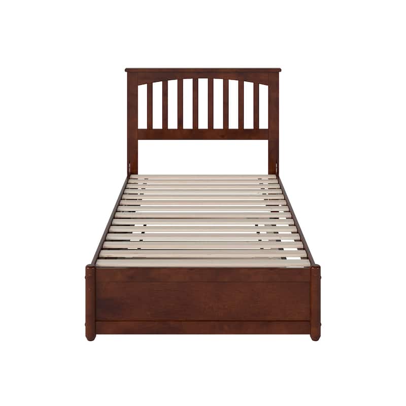 Twin Platform Bed with Trundle - Mission Style Bed, Walnut Finish, Vertical Slats & USB Charger