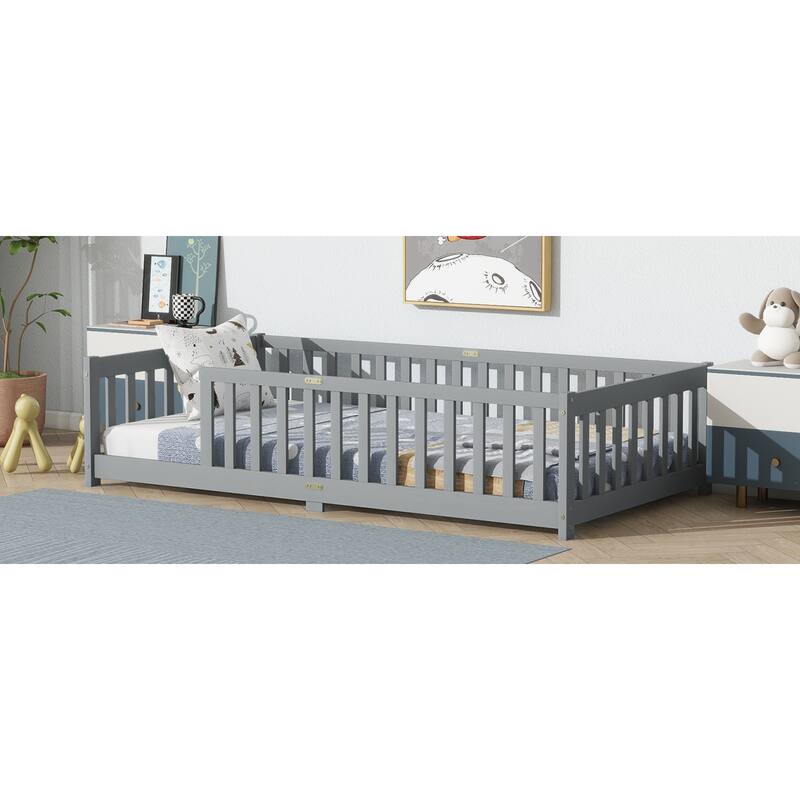 Roomfitters Twin Rubber Wood Floor Bed with Fence, Safety Guardrails, Low Profile Platform Design