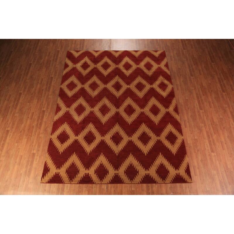 Hand Knotted Oriental 100% Wool Carpet Modern Geometric Red Moroccan Area Rug - 11' 8'' X 8' 11''