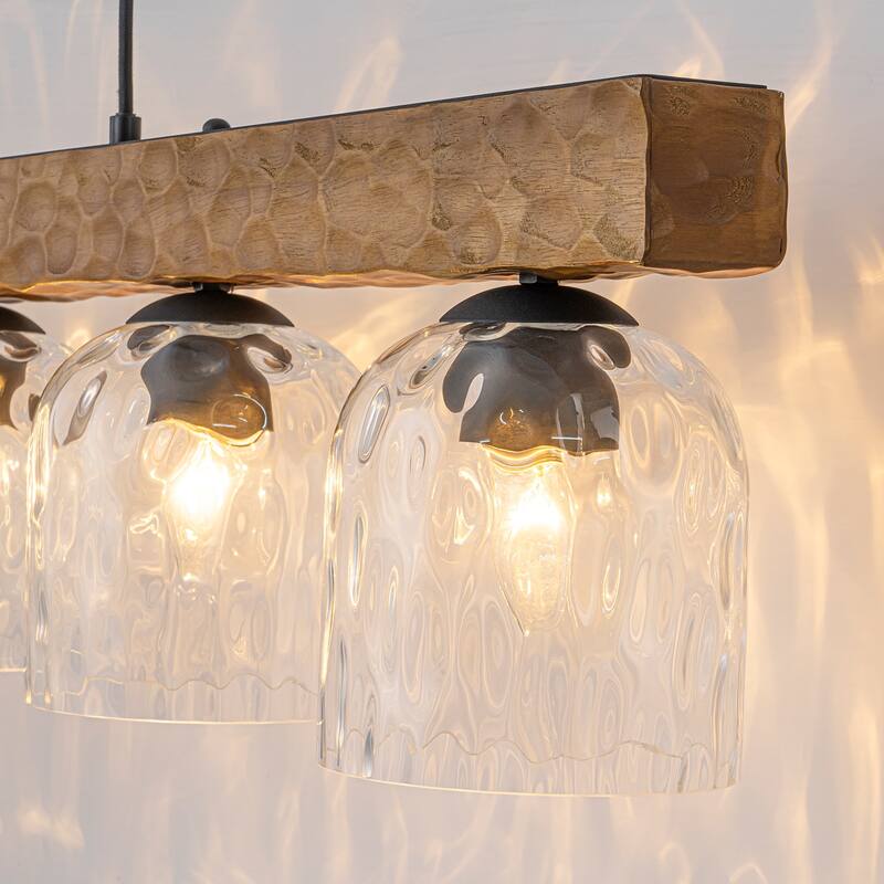 Farmhouse 5-Light Linear Island Pendant with Hammered Glass Shades and Antique Wood Finish