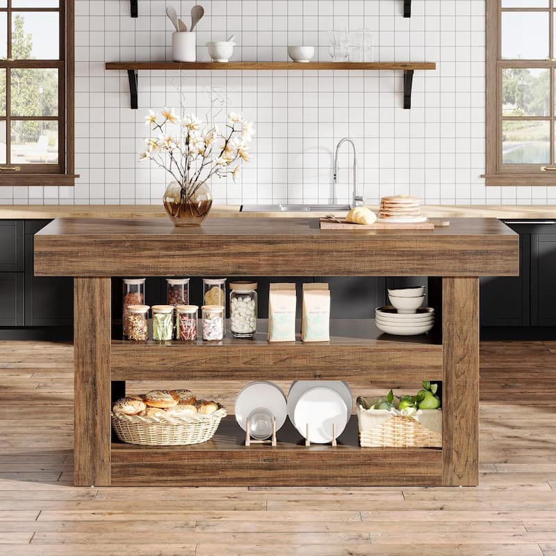 55-Inch Kitchen Island with Storage, 3-Tier Island Table with Large Countertop for Kitchen, Dining Room