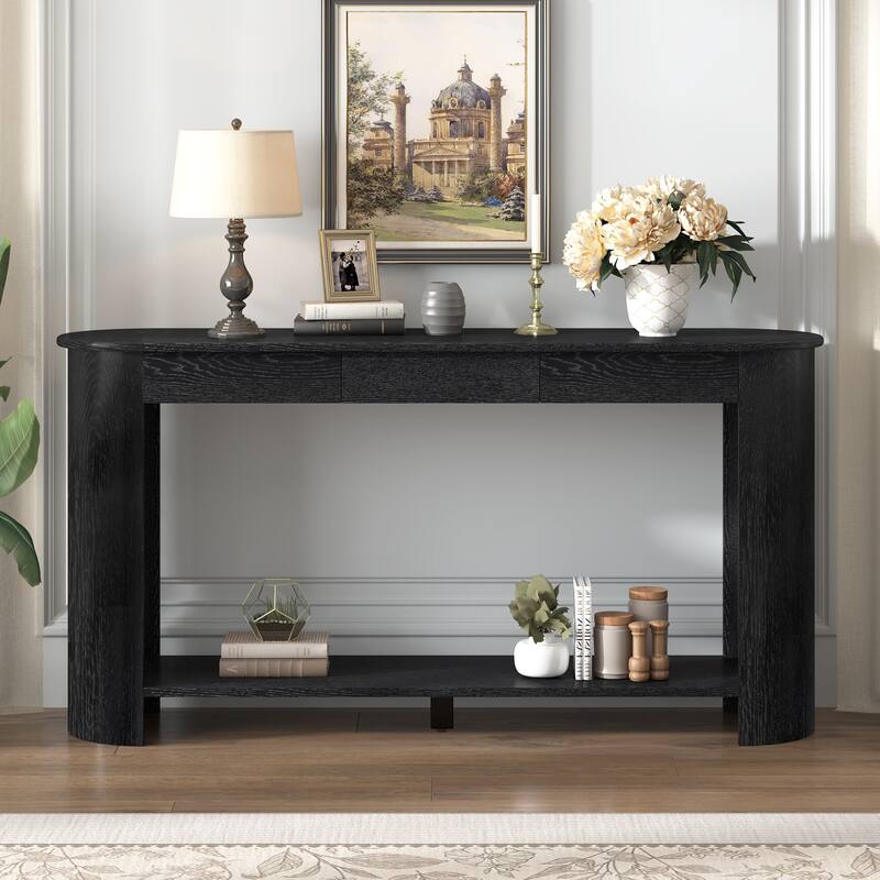 59.8"Modern Veneer Console Table with 3 Drawers,Farmhouse Entryway Table with Shelf,Wood Sofa Table with Semi-Circular Design