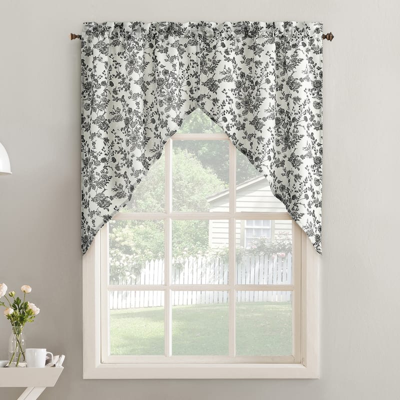 No. 918 Elara 2-Piece Tonal Botanical Semi-Sheer Rod Pocket Kitchen Curtain Swag Pair - 54" x 38" - Black