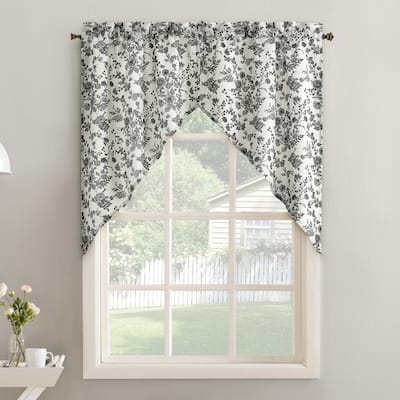 No. 918 Elara 2-Piece Tonal Botanical Semi-Sheer Rod Pocket Kitchen Curtain Swag Pair