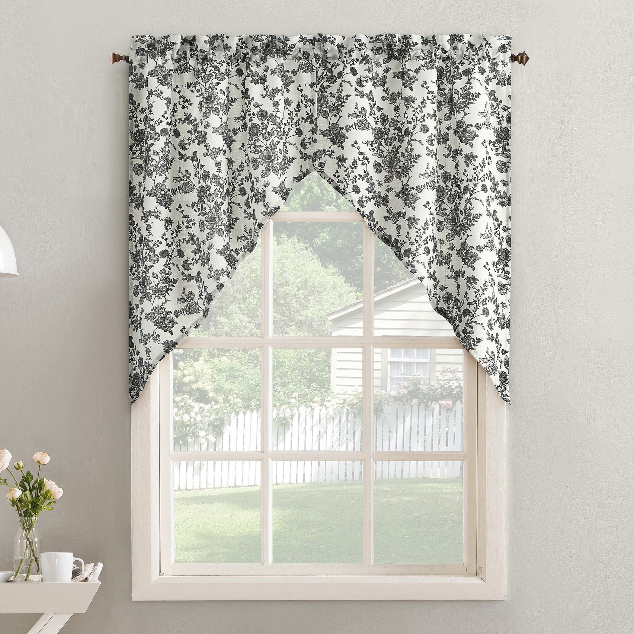 No. 918 Elara 2-Piece Tonal Botanical Semi-Sheer Rod Pocket Kitchen Curtain Swag Pair