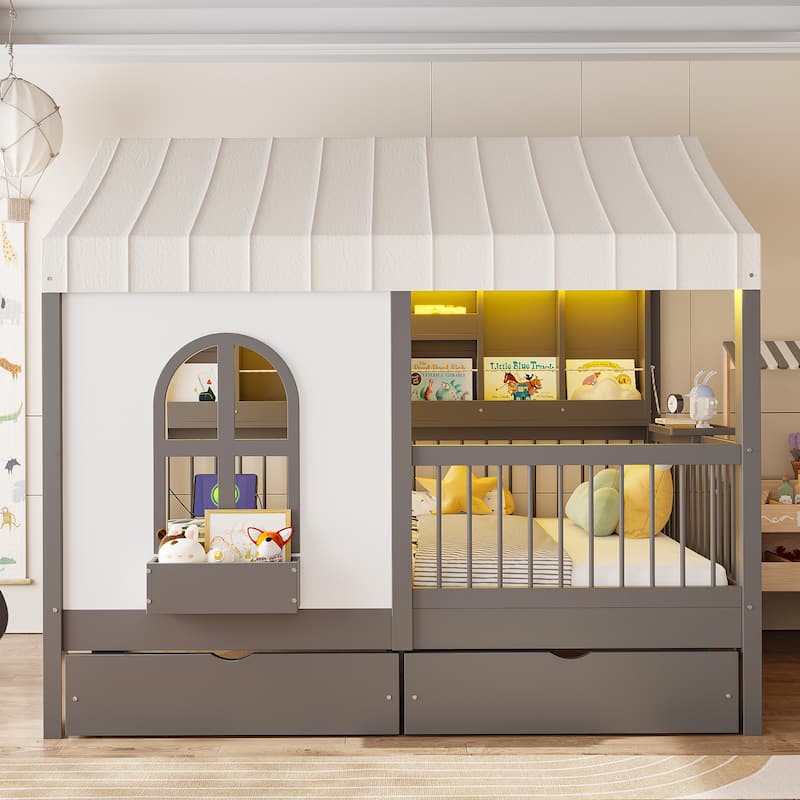 Full Size House Bed Wood Platform Bed with Tent and 21.7 inch Rail, LED Kids Bed with 2 Drawers Side Bookshelf Integrated Socket