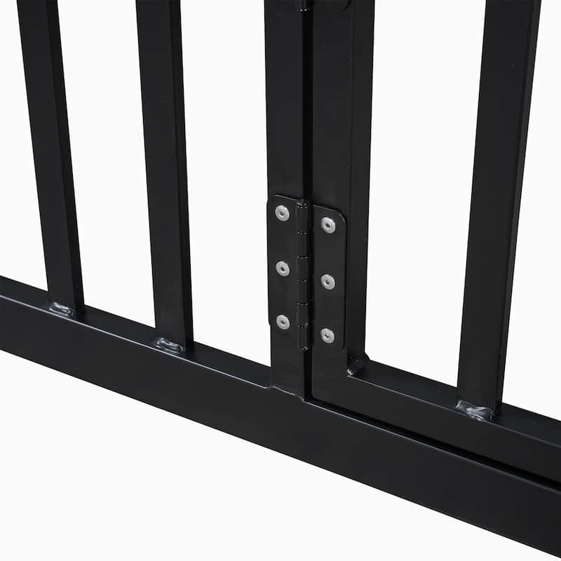 Black Full Size Metal House Bed with Fence, Roof, and Door for Kids' Bedroom
