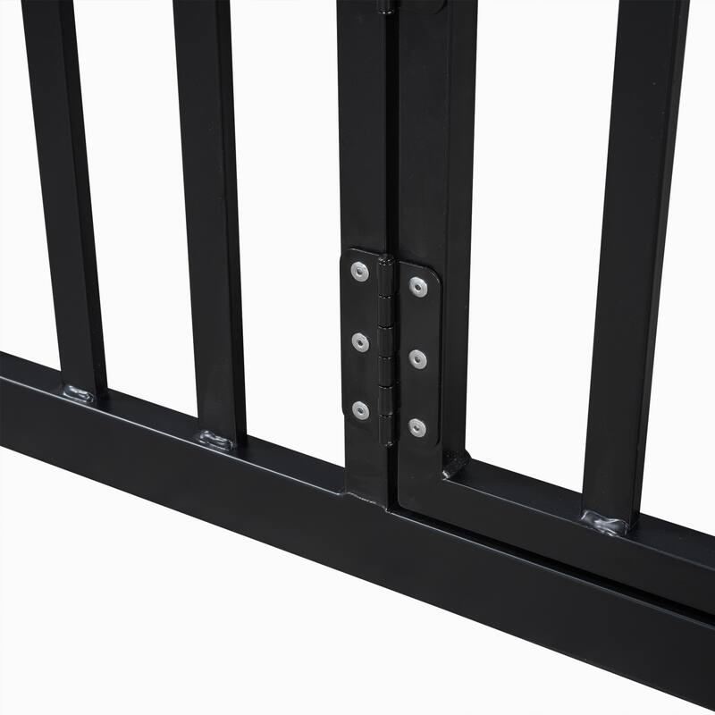 Full Size Metal House Bed with Fence, Roof, and Door for Kids