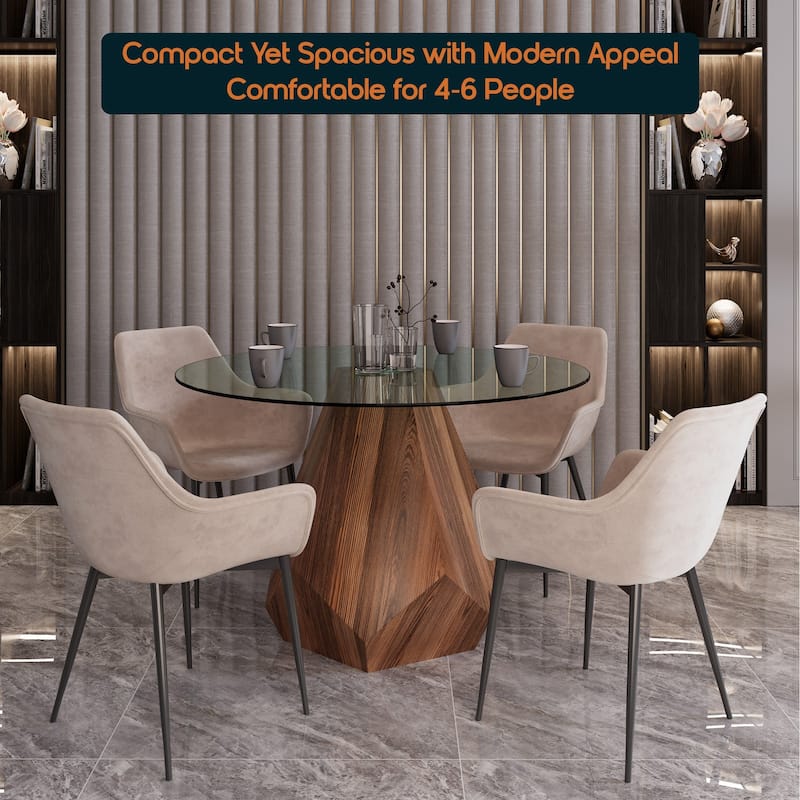 Nebo Round 47" Tempered Glass or Sintered Stone Top Dining Table with Geometric Design Ashwood Pedestal Base Kitchen Table