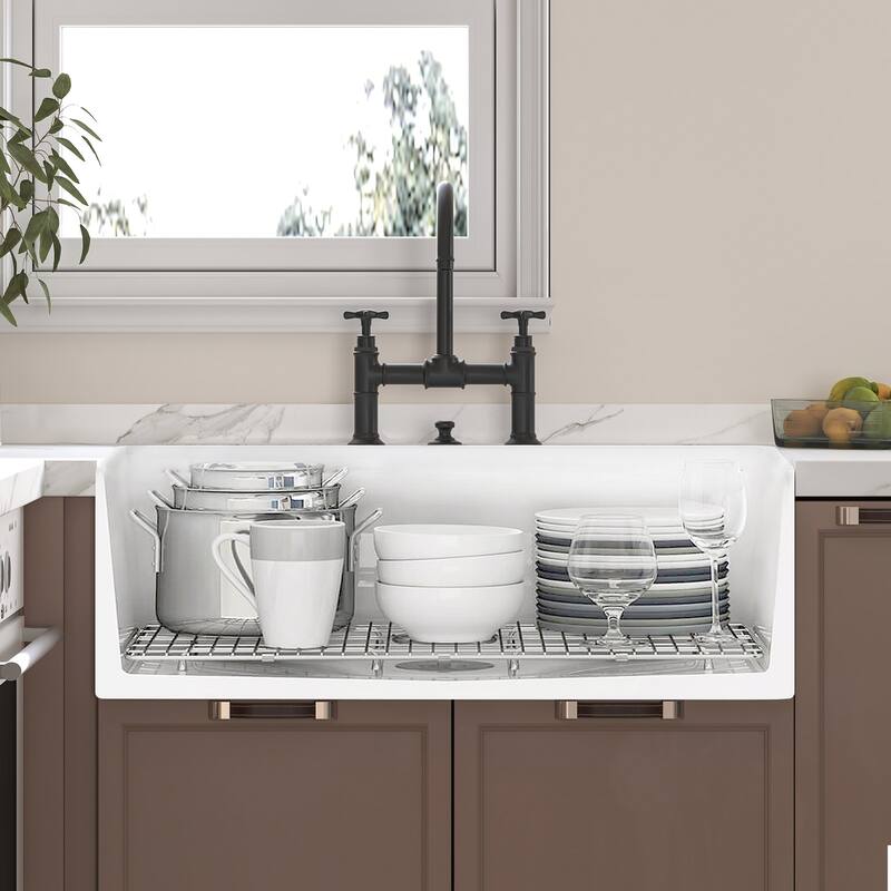 HOROW White Fireclay 30 in. x 20 in. Single Bowl Farmhouse Apron Front Kitchen Sink with Bottom Grid and Strainer - 30x20 Inch