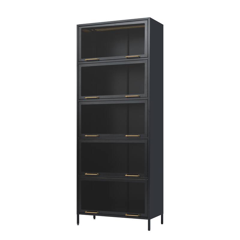 78.75"Tall Iron Display Cabinet with Glass Doors, 5-Tier Steel Barister Bookcase with LED Lights for Collectibles