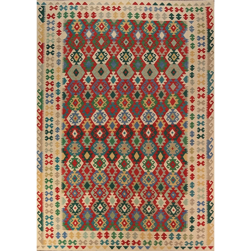 Geometric Kilim Reversible Area Rug Oriental Flatweave Wool Carpet - 8'5"x 11'5"