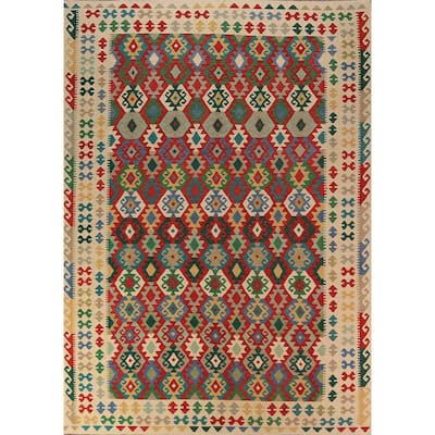 Geometric Kilim Reversible Area Rug Oriental Flatweave Wool Carpet - 8'5"x 11'5"