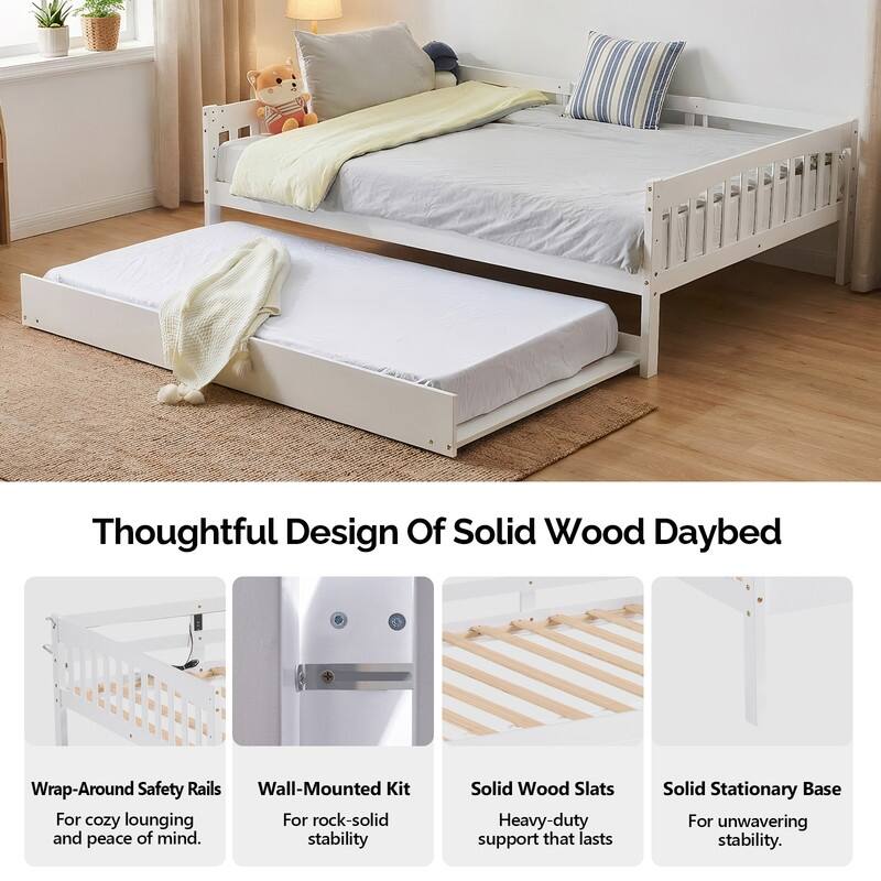 White Full Size Wood Bed with Trundle, Light Strip, Charging Station and Guardrail