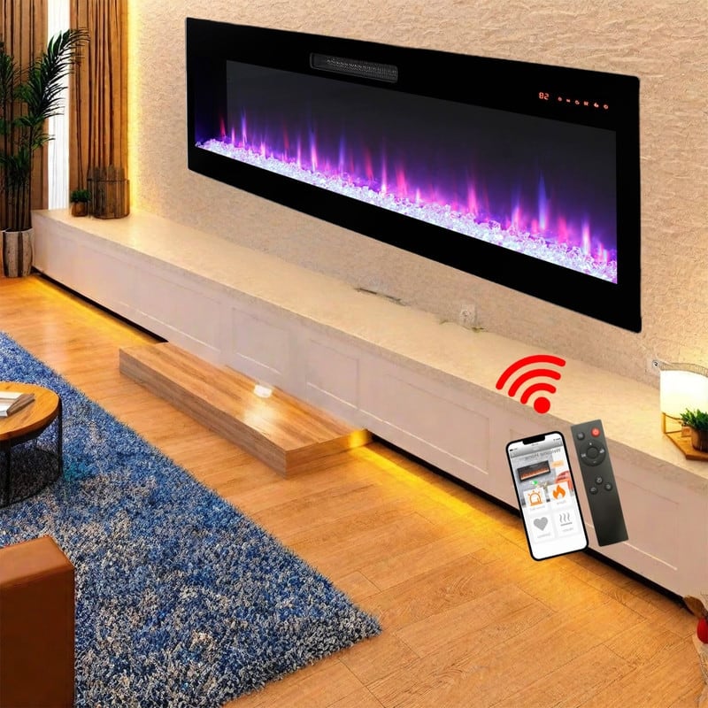 50/60 in. Smart WiFi-Enabled Wall Mount & Recessed Electric Fireplace Heaters in Black, 1400W/5000BTU