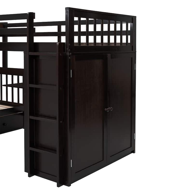 Merax Twin-Twin over Full L-Shaped Bunk Bed With 3 Drawers, Portable Desk and Wardrobe