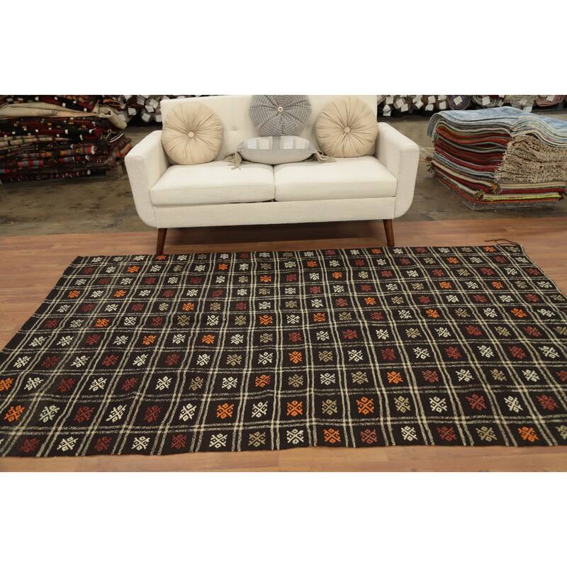 Hand Woven Oriental 100% Wool Carpet Southwestern Tribal Black Kilim Area Rug - 8' 11'' X 5' 0''