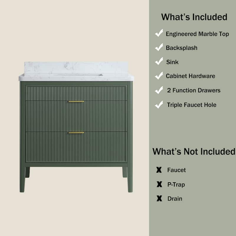 Modland 36" Freestanding Bathroom Vanity with Carrara Marble Top, Soft-Close Drawers, Fully Assembled, Green/Grey - 36 inch