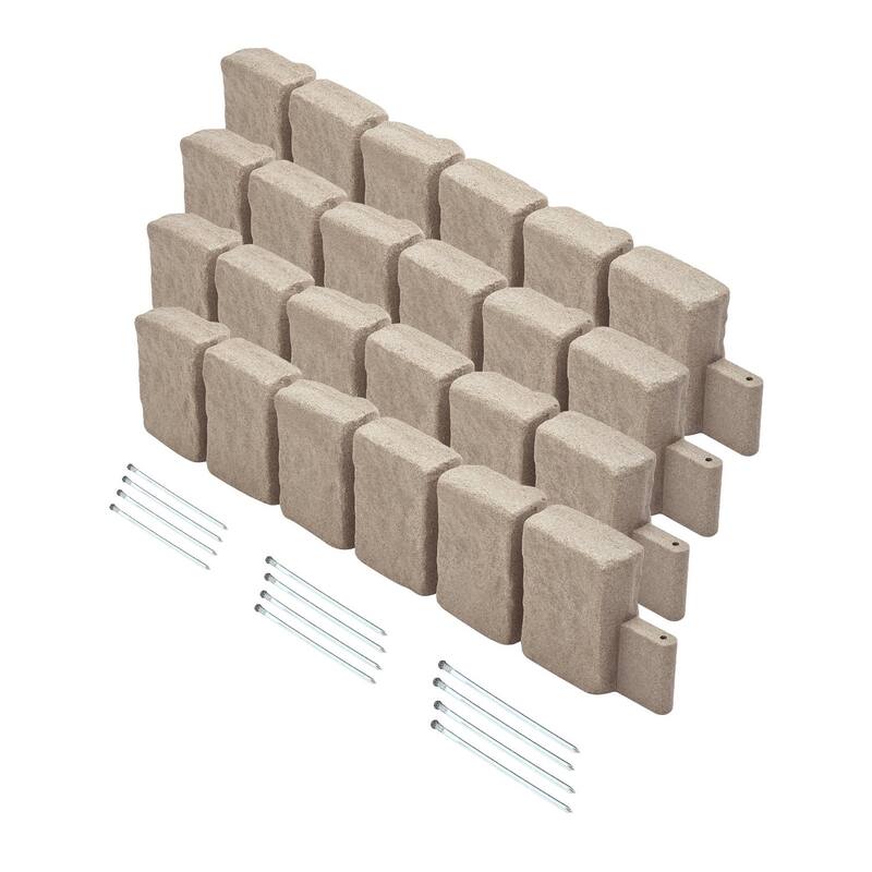 Beige Plastic Stone Texture Landscape Edging 4 Pack with Anchors Modular Design - 47.24 × 3.94 × 9.06 inch - Beige