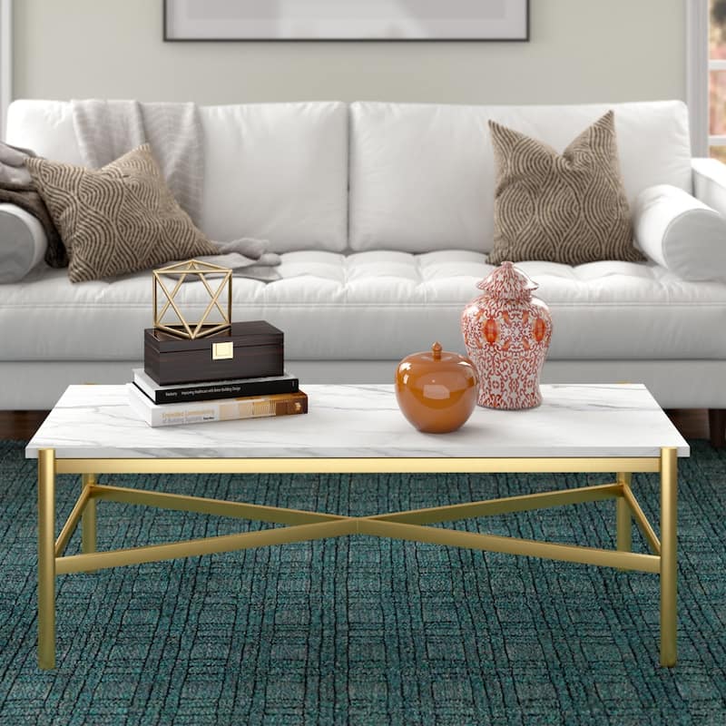 46 Inch Modern Faux Marble Coffee Table Rectangular Metal Base Accent for Living Room Decor - 46"L x 20"W x 16"H