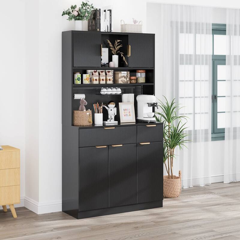 Gymojoy 71" Kitchen Pantry Cabinet with Power Outlets & Pegboard, Freestanding Food Storage Hutch with Microwave Stand
