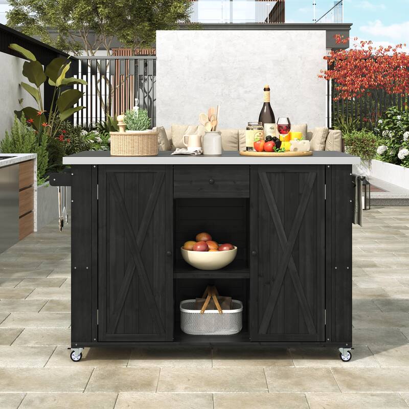 Outdoor Solid Fir Wood Kitchen Island with Stainless Steel Top,Mobile Outdoor Cart with Barn Doors,Drawer