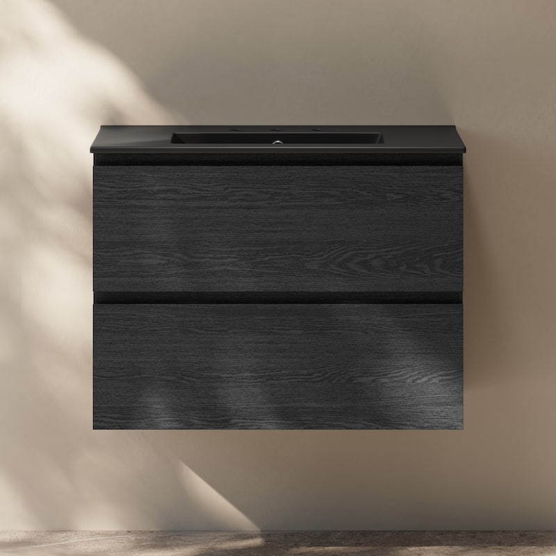 Liberte 30" Wall-Mounted Bathroom Vanity In Black Oak With Black 3-Hole Widespread Sink Top - 30