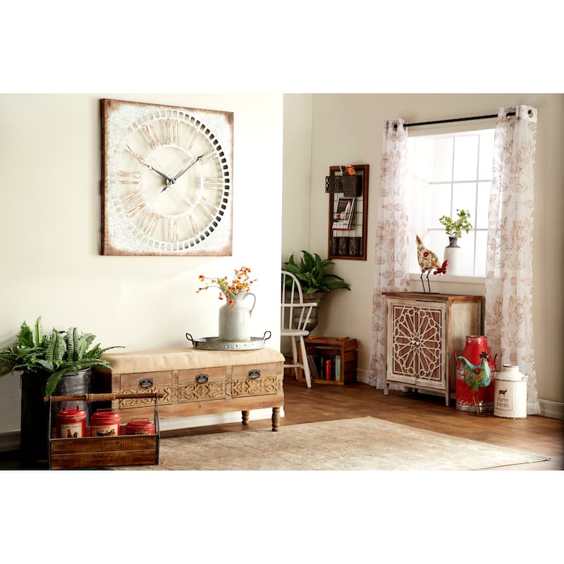 Wood Floral Intricately Carved Storage Bench with Cream Burlap Top - Brown - Roche River Decor - 16"W x 47"L x 20"H