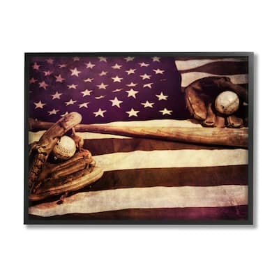 Stupell American Flag Stripes Stars Baseball Mitt Sports Motif Framed Wall Art - Red