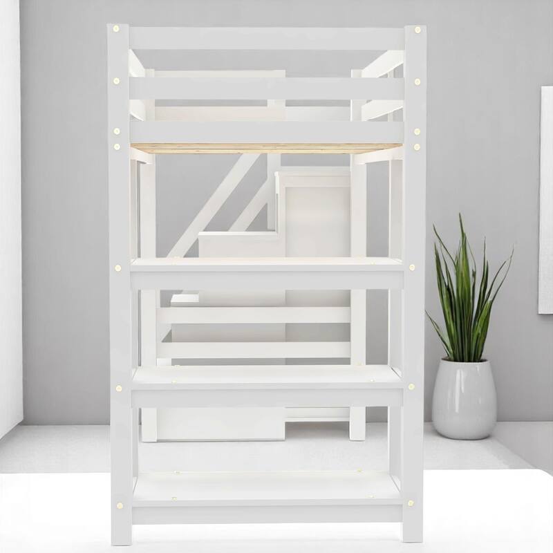 Twin/Full Size White Loft Bed with Storage Shelves, Staircase, Wardrobe & LED Light - Pine Wood Frame