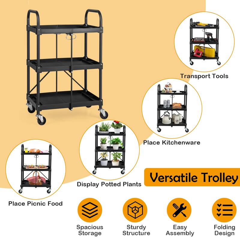 Costway Folding Collapsible Service Cart Heavy-Duty 3-Shelf Tool Cart - 24'' x 17'' x 38'' (L x W x H)