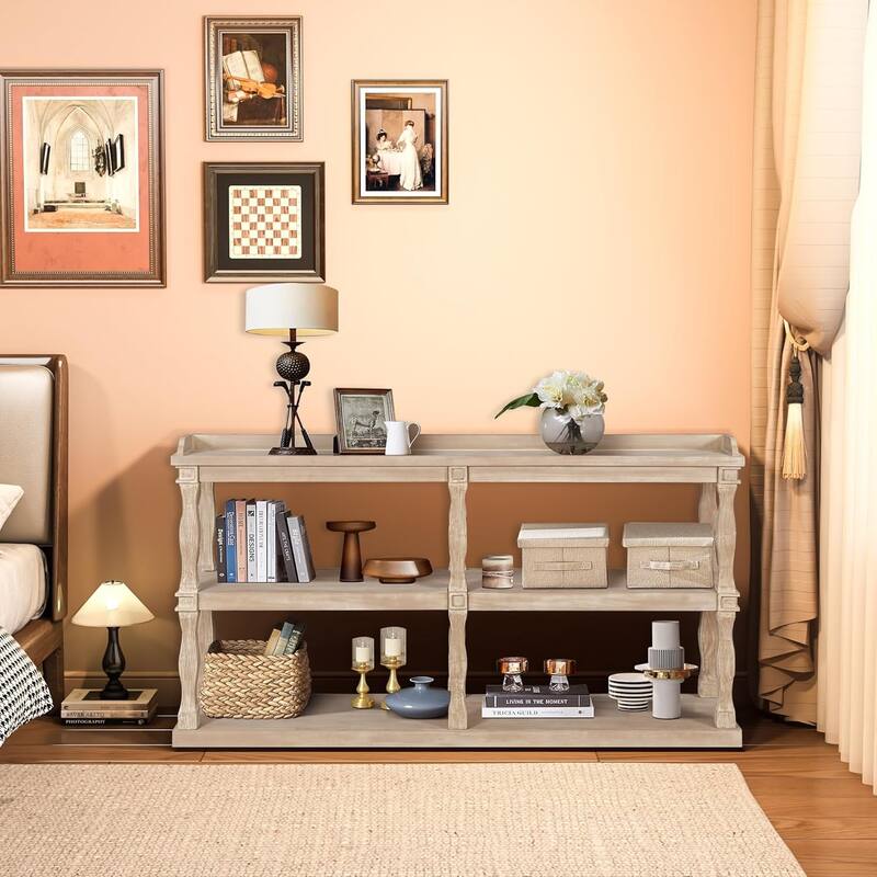 Roomfitters Console Table with 3-Tier Open Storage Spaces and Roman Column Effect Support Legs