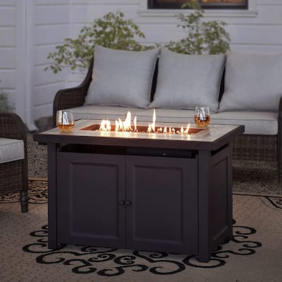 Sunjoy 44" Propane Fire Pit Table Outdoor Top Gas Smokeless Fire Pits Table with Lid and Lava Rocks