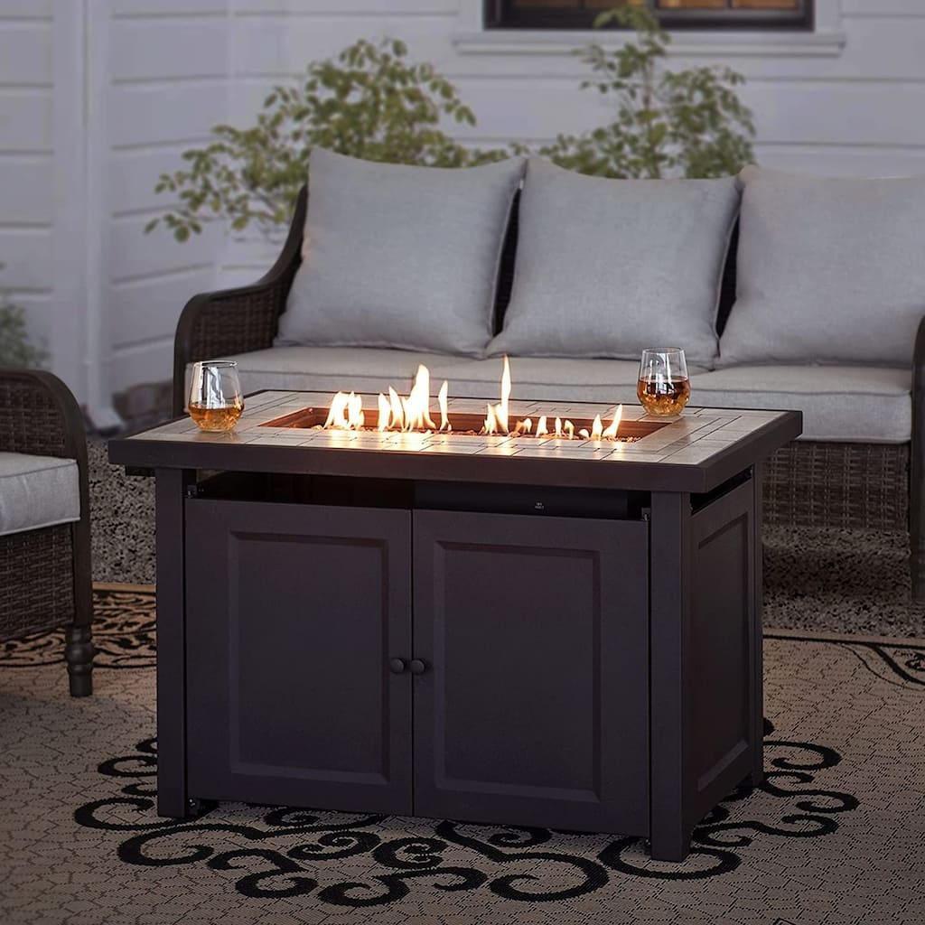 Sunjoy 44" Propane Fire Pit Table Outdoor Top Gas Smokeless Fire Pits Table with Lid and Lava Rocks