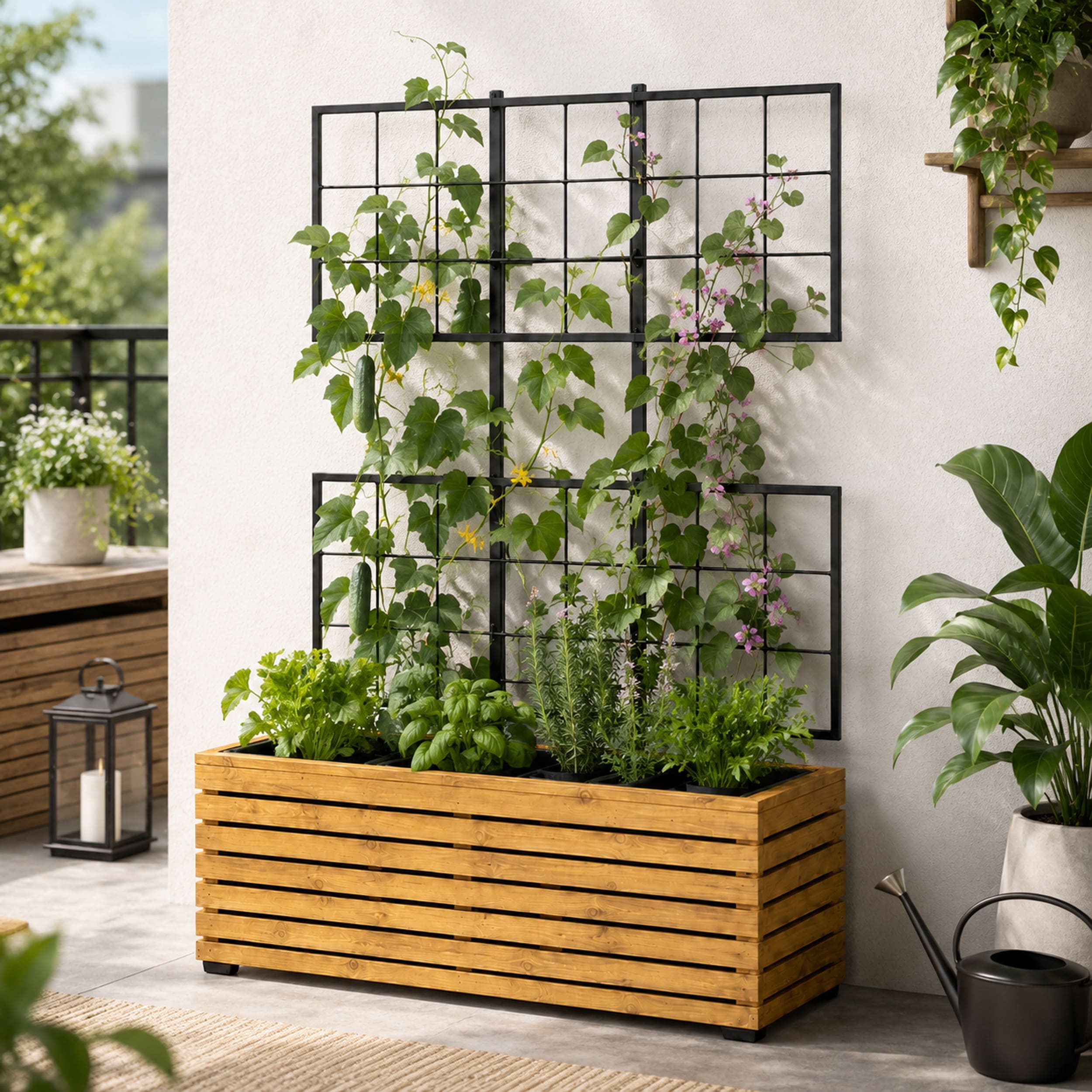 Modern Indoor/Outdoor 31.89 in. Acacia Wood Wide Raised Planter Box with Trellis
