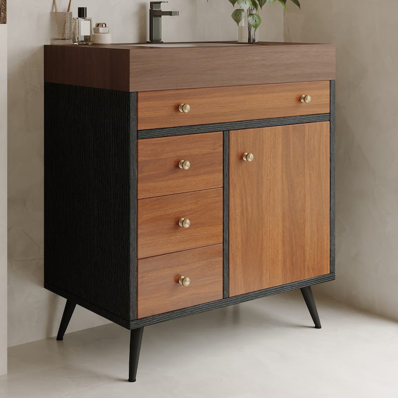 Mid-Century Modern Free-Standing Bathroom Vanity with Ceramic Sink & Sintered Stone Top