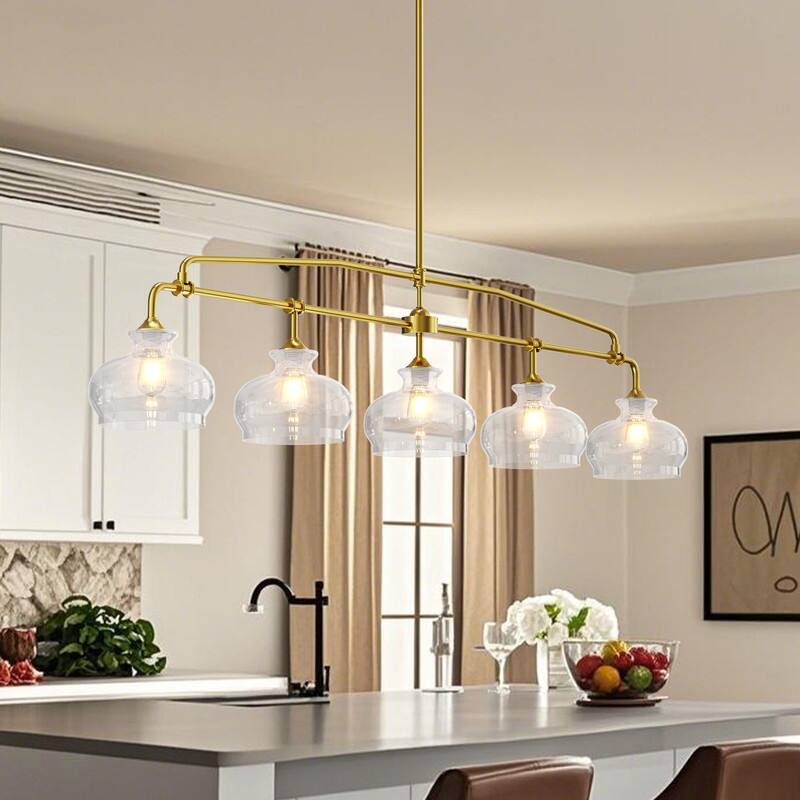 Farmhouse Modern Chandelier with Glass Shades Schoolhouse Chandeliers - 77.95x9.45x91.08in - Gold