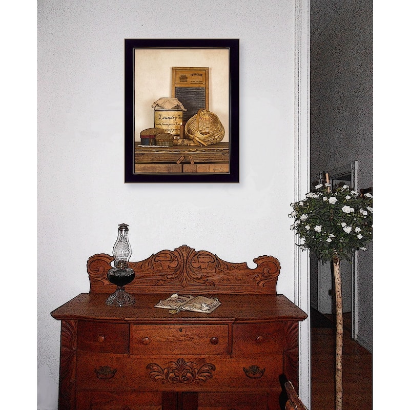 TrendyDecor4U Traditional "Laundry Soap" Framed Print Wall Art by Susie Boyer - Brown, Tan, White, Blue, Gray, Green White