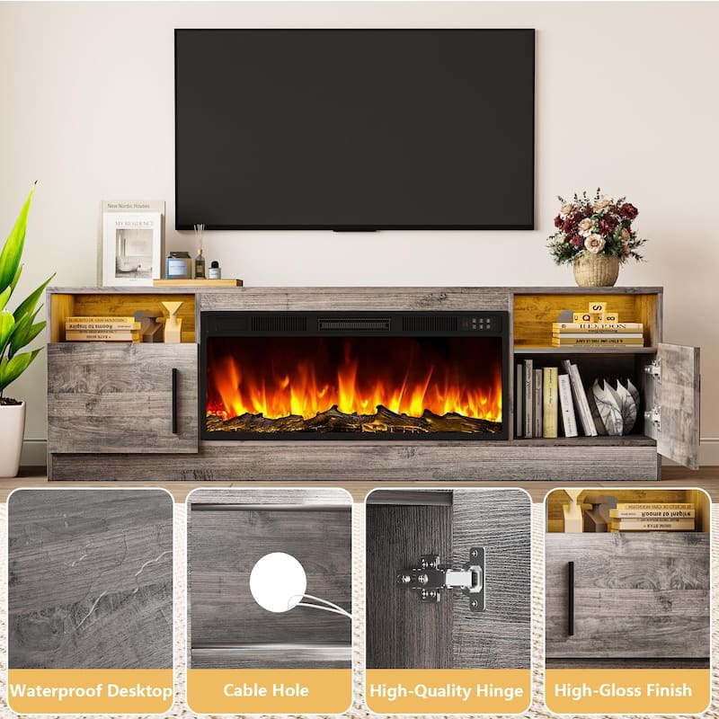 Bossin 70" Fireplace TV Stand with 36" Electric Fireplace, TV Stand for TVs Up to 80", 16 Colors LED Lights/Entertainment Center