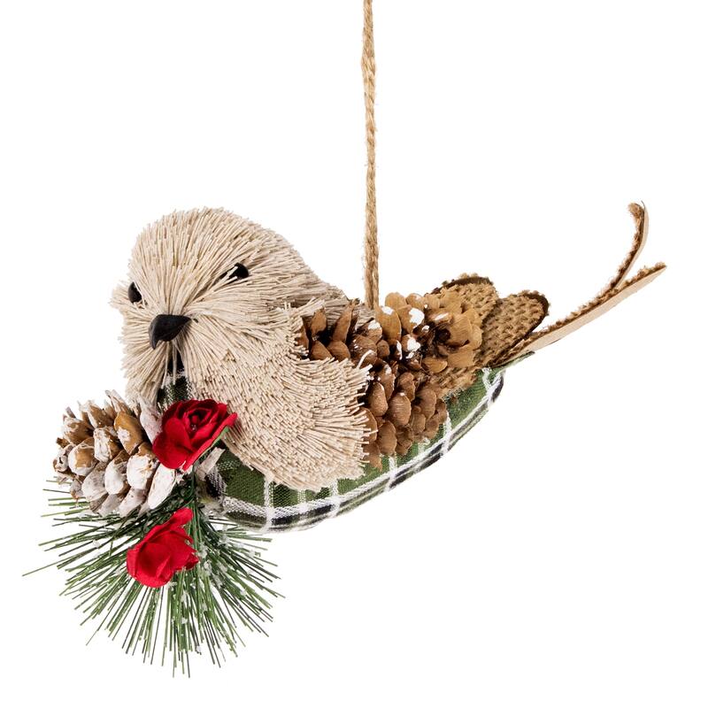 6.75" Left Facing Plaid Bird and Frosted Pine Needle Hanging Christmas Ornament
