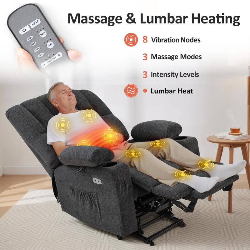 Power Lift Recliner Chair for Elderly, Massage and Heat, Faux Leather & Fabric