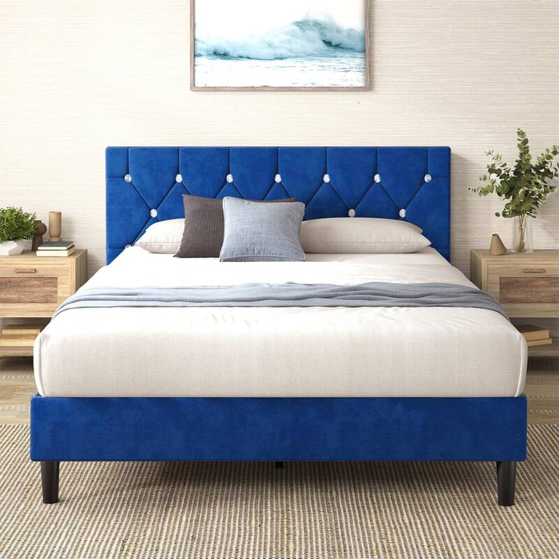 VECELO Upholstered Beds With Diamond Tufted Headboard, Platform Bed Frame, 7.9'' Under Bed Space - Blue - Queen