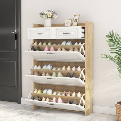 Shoe Cabinet with 3 PVC Doors 2 Drawers, Large Space for Storage, White +Oak
