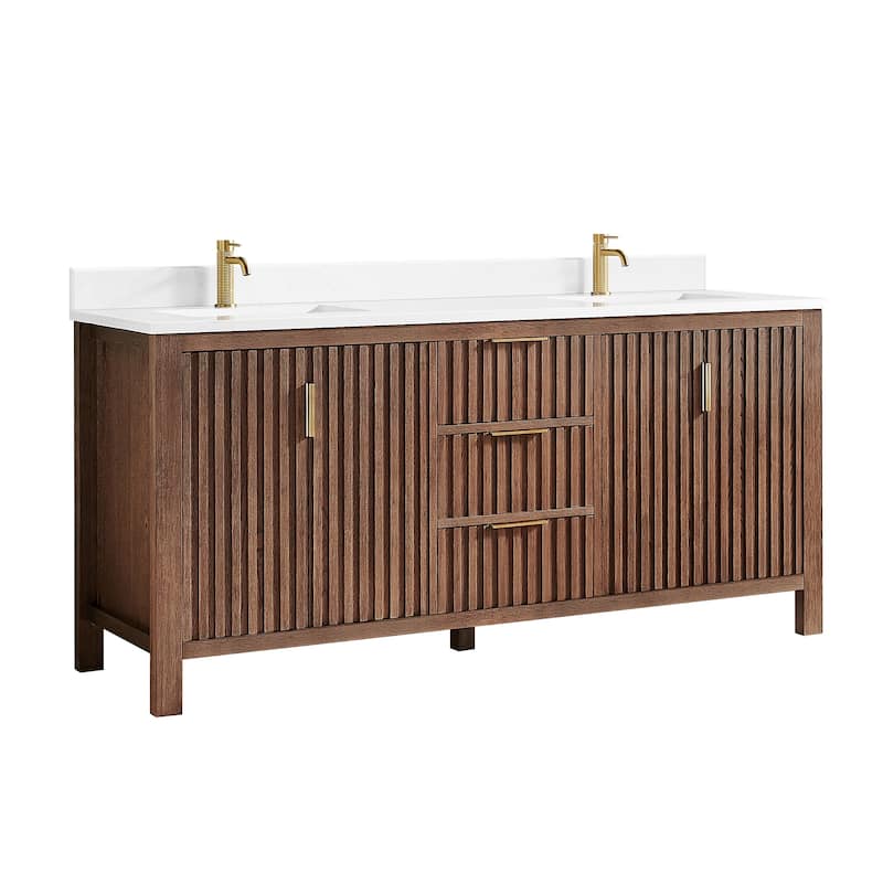 Shenzhen Bath Vanity with Composite Stone Top without Mirror - 72" - Aged Dark Brown Oak