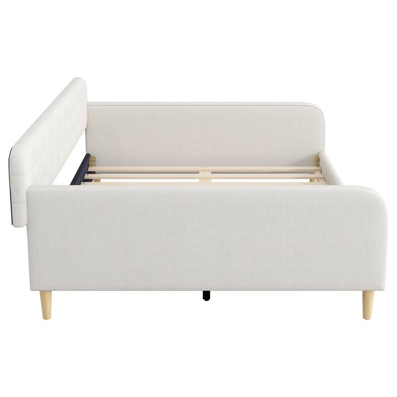 Tufted Upholstered Daybed with 4 Solid Pine Legs, Linen Fabric Sofa Bed Frame, Wooden Slat Support, Easy Assemble